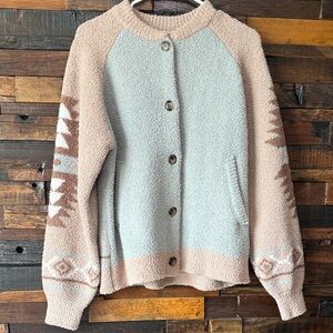 Cozy Beige and Blue Women's Sweater Aztec Print